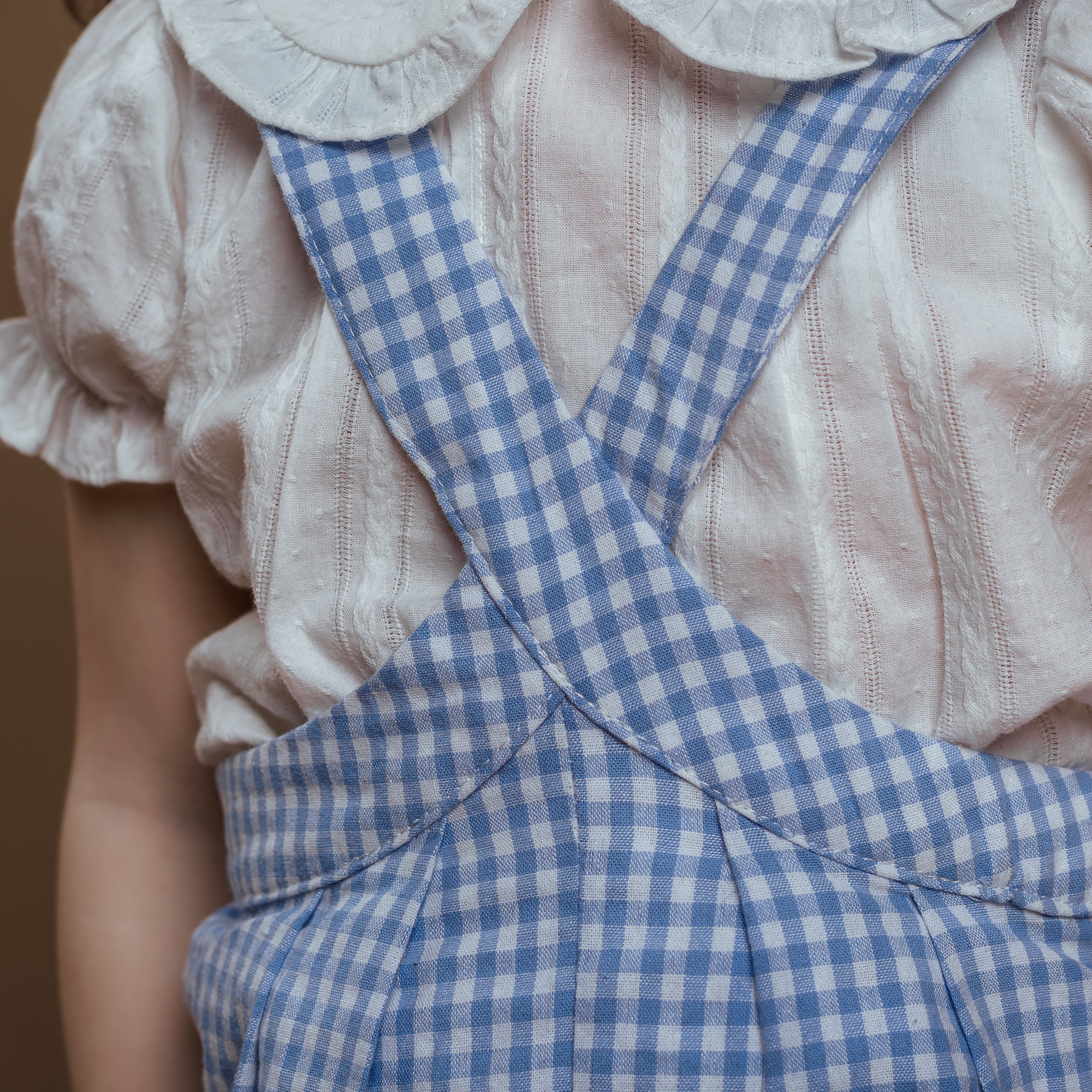 Child wearing a pink blouse with ruffled collar and blue checkered overalls.