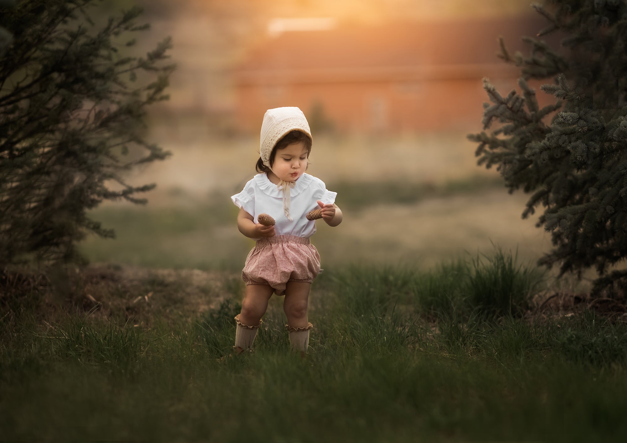 Baby in a bonnet and bloomers in a blurred field picking pine cones