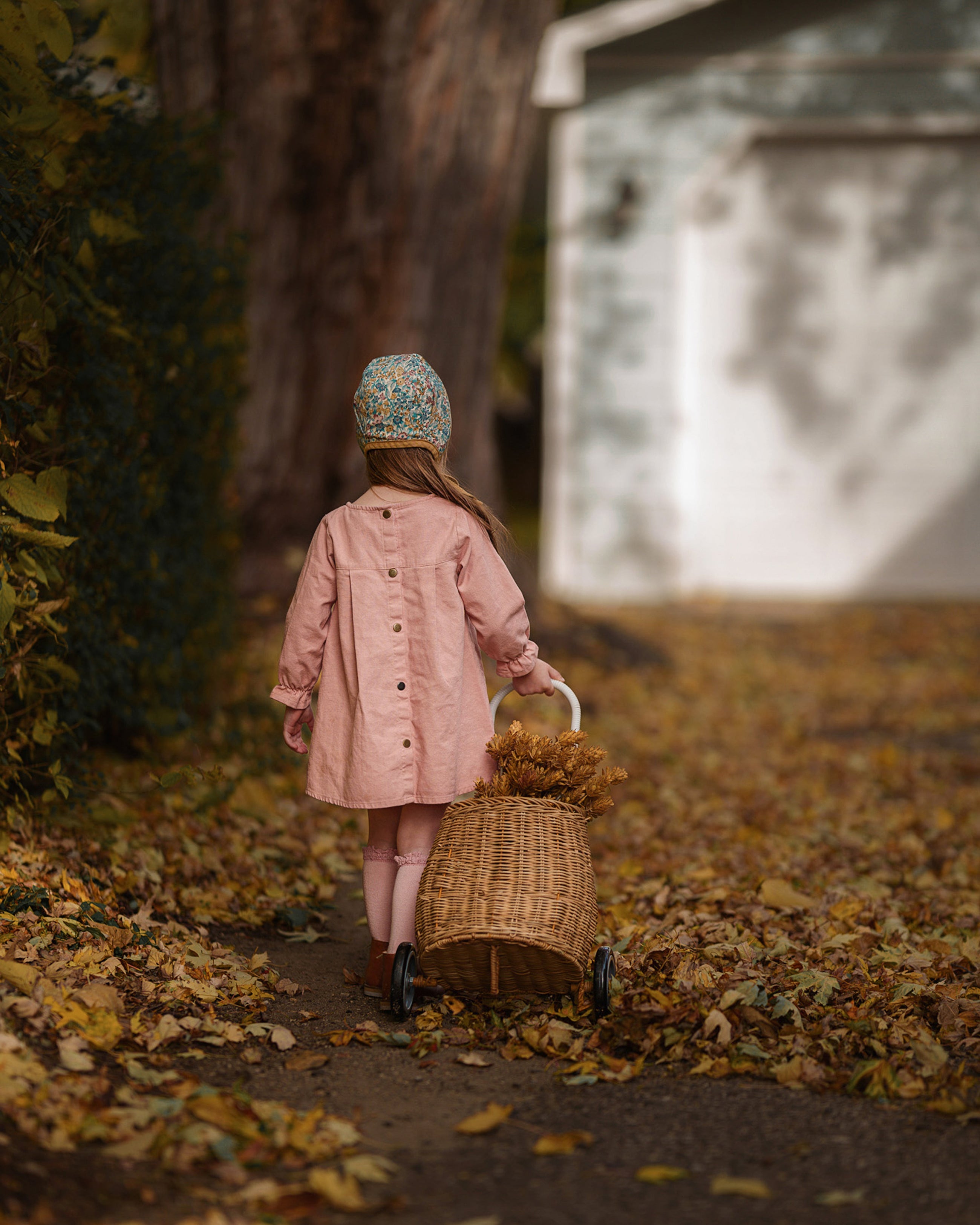 A young child seen from behind wearing a light pink coat and a patterned knit hat, pushing a wicker basket filled with dry leaves along a leaf-covered path in an outdoor autumn setting.