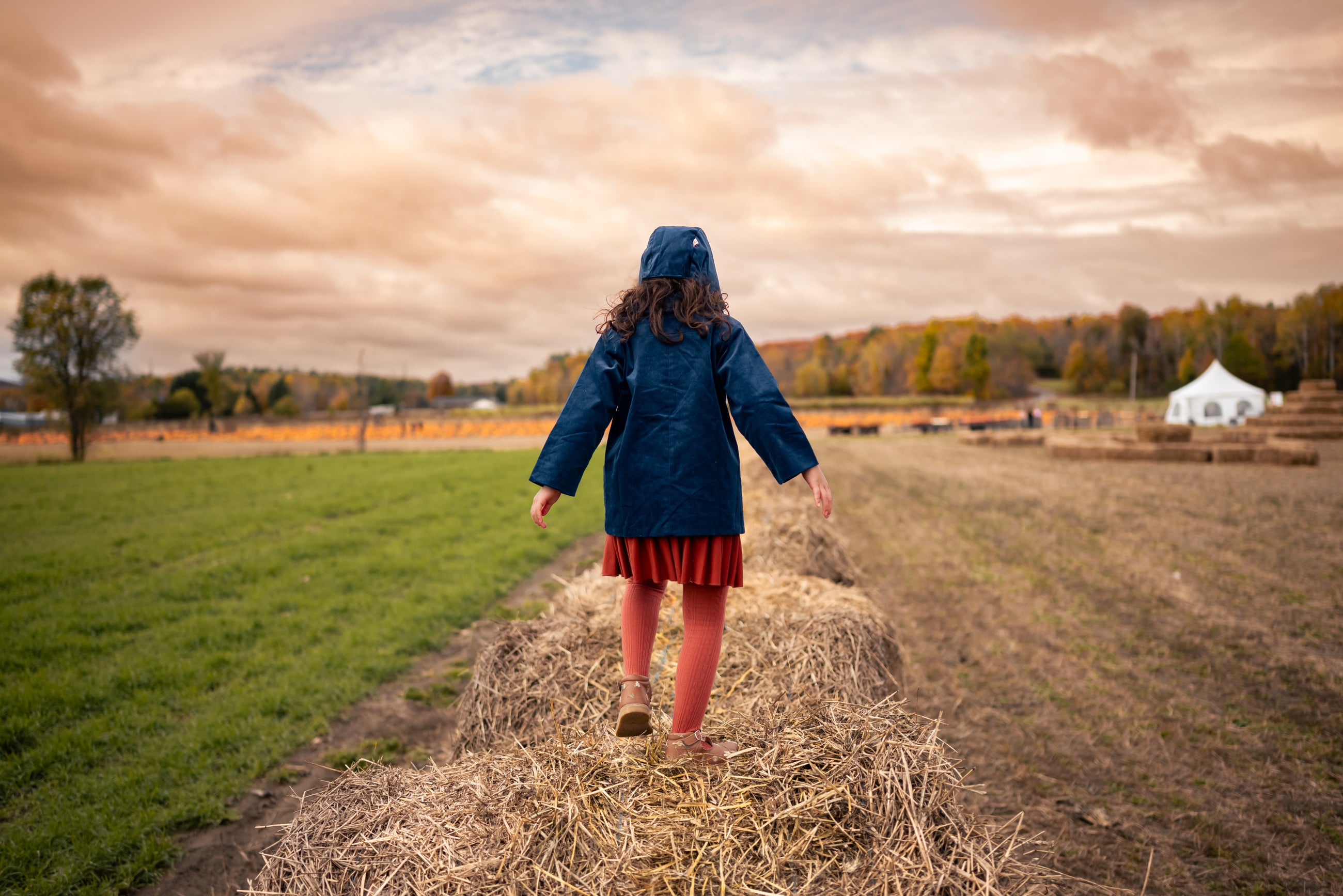 Girl in a blue coat and matching hat on hay bales in an open field with a cloudy sky.