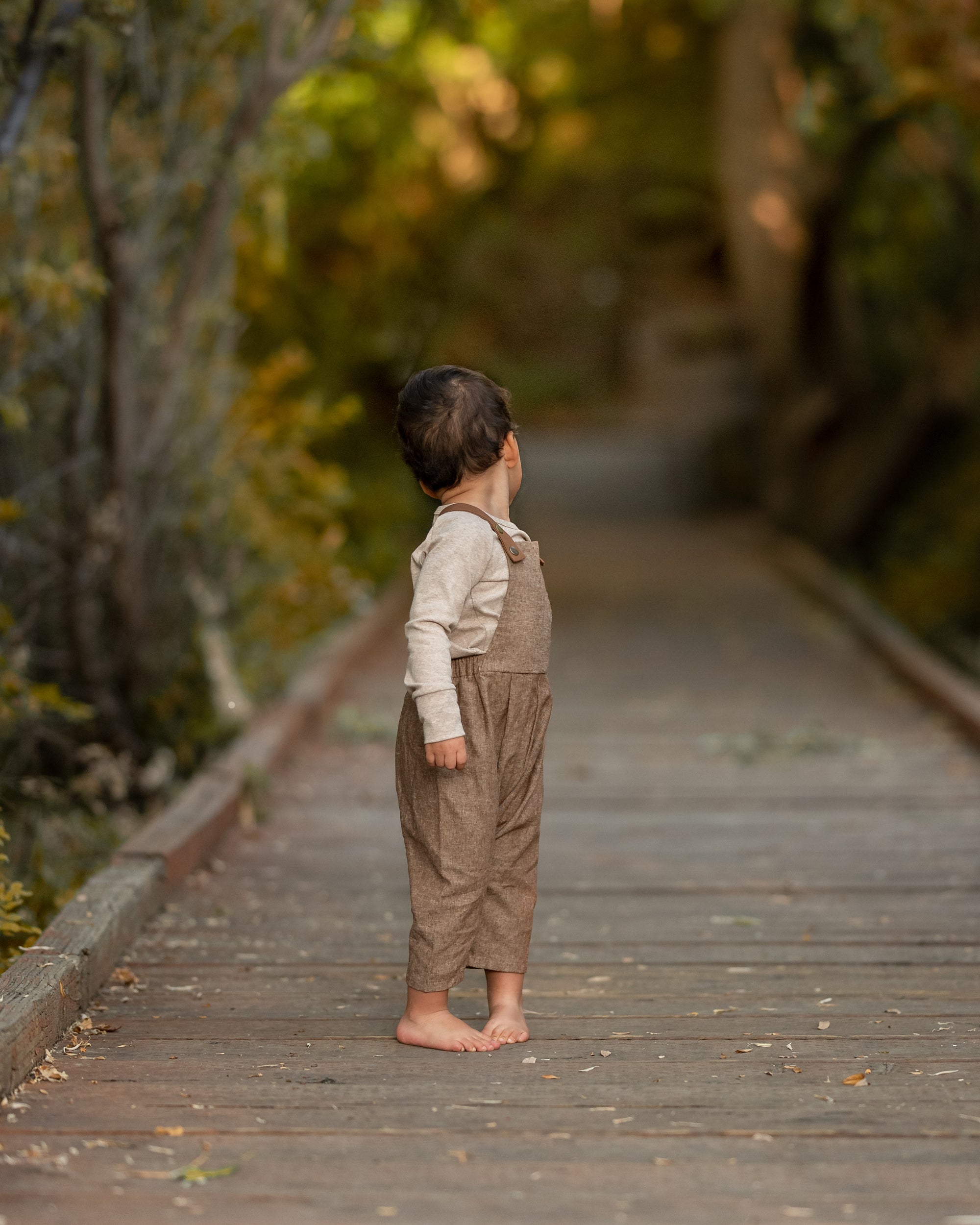 Child standing on a wooden path in a natural setting