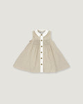 A sleeveless baby dress in beige and white vertical pinstripes, featuring a white Peter Pan collar, a smocked bodice, and a front button closure with gold-tone buttons, shown flat on a light gray background.