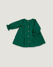 A dark green long-sleeve linen dress for toddlers, featuring a button-up front, gathered cuffs, and a flared silhouette, laid flat on a light gray background.