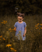 A little girl stands among vibrant flowers, wearing a Blue Gingham linen dress. The back view of the dress reveals its pin-tucked design, a yoke with pleats, and delicate ruffles at the short sleeve hem. Surrounded by colorful blooms, she embodies a joyful spirit, with her hair styled up, enjoying the beauty of nature. The A-line shape of the dress allows for comfort and ease as she plays in this enchanting floral setting.