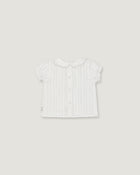 A white short-sleeve baby top with vertical ruffles, a Peter Pan collar, and a button-up front, shown flat against a light gray background.
