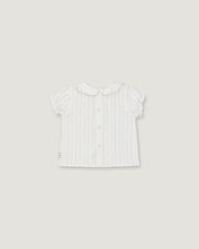 A white short-sleeve baby top with vertical ruffles, a Peter Pan collar, and a button-up front, shown flat against a light gray background.