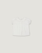 A white short-sleeve baby top with a ruffled Peter Pan collar and subtle vertical pleats, shown flat against a light gray background.