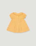 The back of a yellow and white gingham check baby dress with short flutter sleeves and a ruffled collar, shown flat on a light gray background.