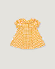 The back of a yellow and white gingham check baby dress with short flutter sleeves and a ruffled collar, shown flat on a light gray background.