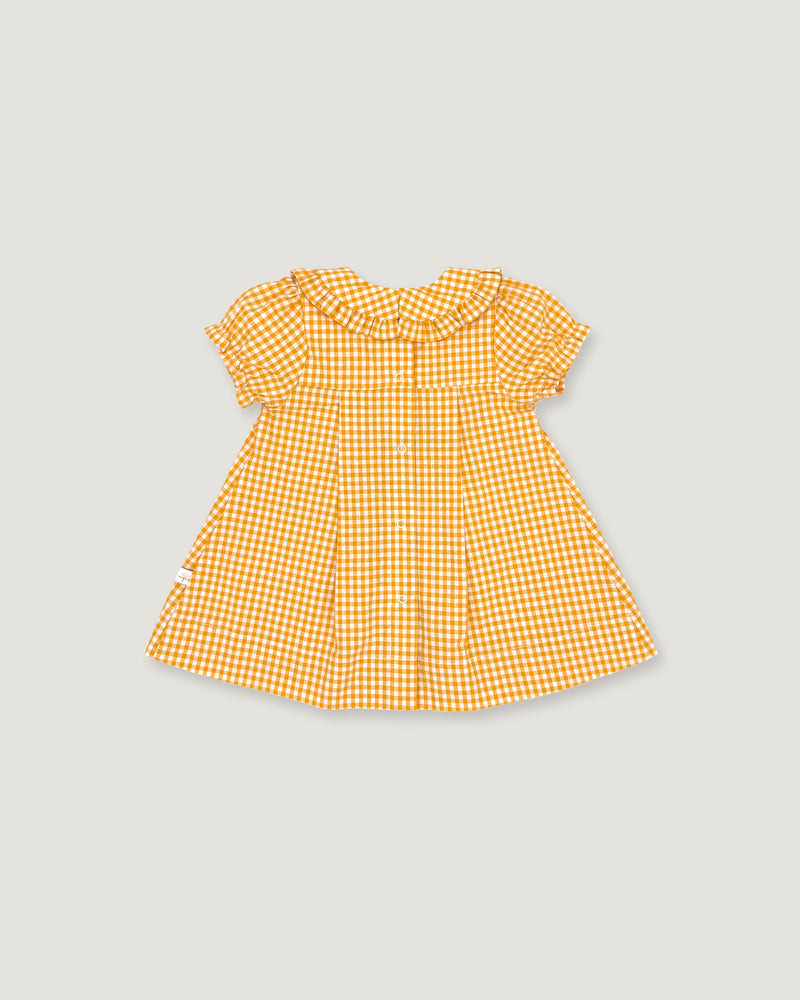 The back of a yellow and white gingham check baby dress with short flutter sleeves and a ruffled collar, shown flat on a light gray background.