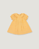A yellow and white gingham check baby dress with short flutter sleeves and a ruffled collar, shown flat on a light gray background.