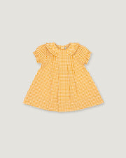 A yellow and white gingham check baby dress with short flutter sleeves and a ruffled collar, shown flat on a light gray background.
