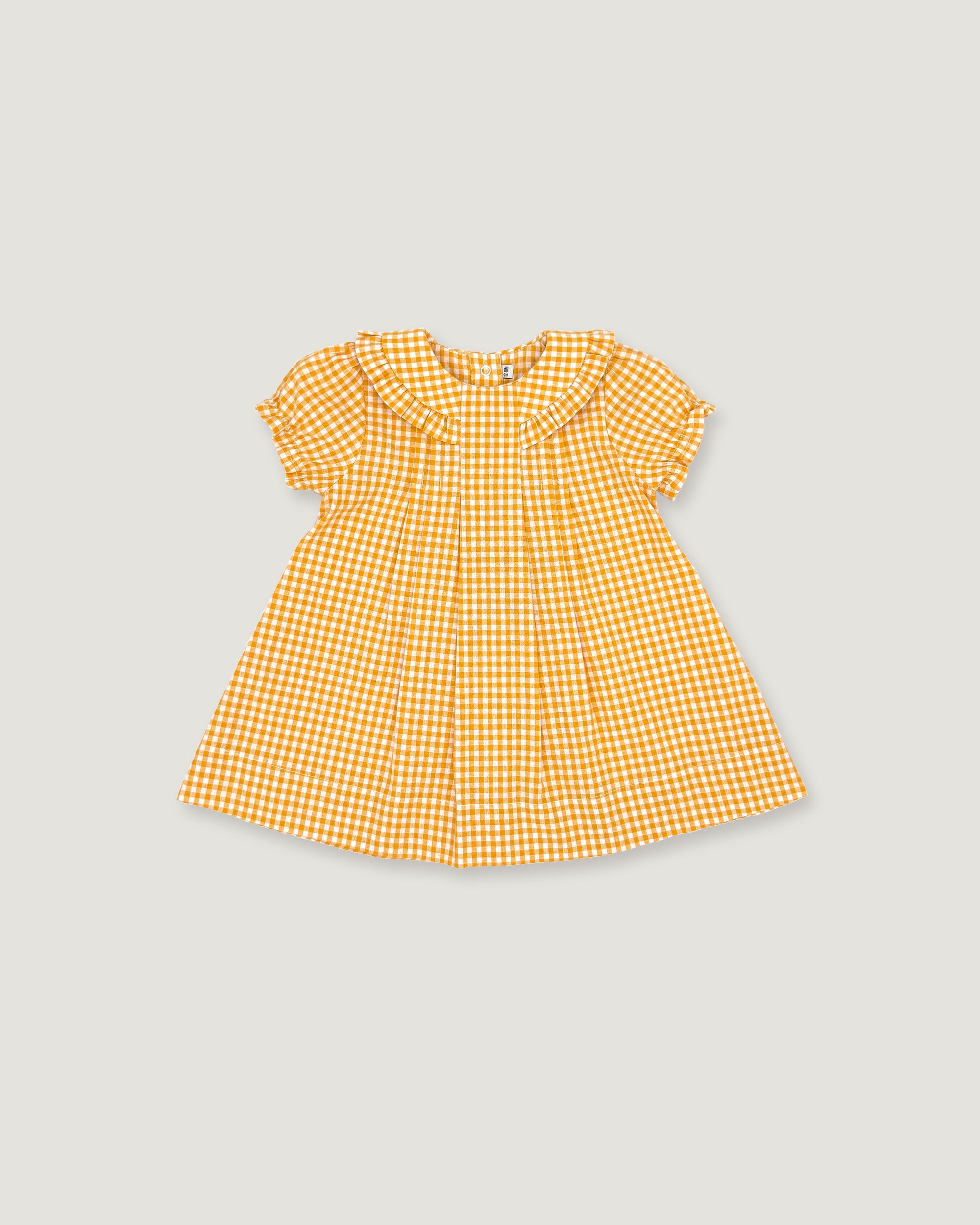 A yellow and white gingham check baby dress with short flutter sleeves and a ruffled collar, shown flat on a light gray background.