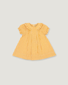 A yellow and white gingham check baby dress with short flutter sleeves and a ruffled collar, shown flat on a light gray background.