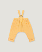 Yellow and white gingham baby pants with adjustable suspenders, displayed flat against a light gray background.