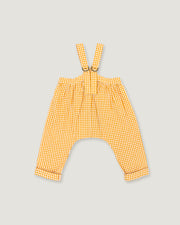 Yellow and white gingham baby pants with adjustable suspenders, displayed flat against a light gray background.