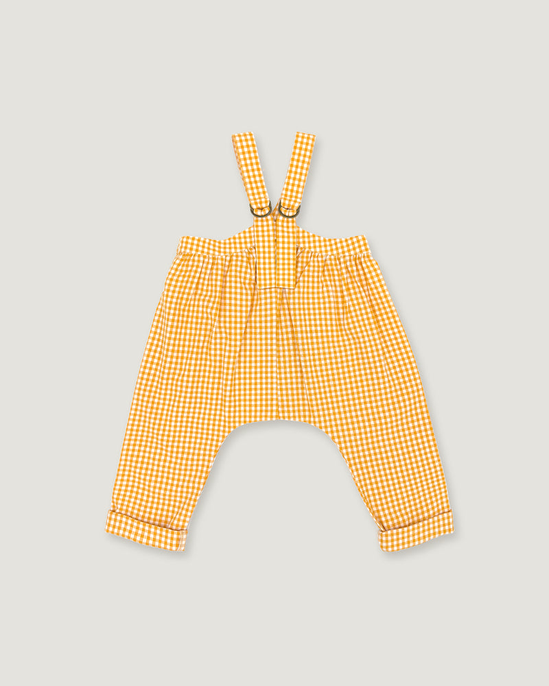 Yellow and white gingham baby pants with adjustable suspenders, displayed flat against a light gray background.