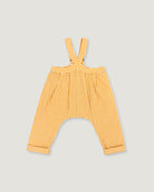 A pair of yellow and white gingham baby pants with shoulder straps, laid flat on a light gray background.