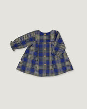 A long-sleeve plaid button-front top for toddlers, featuring a royal blue, beige, and white tartan pattern with gold buttons, laid flat on a light gray background.
