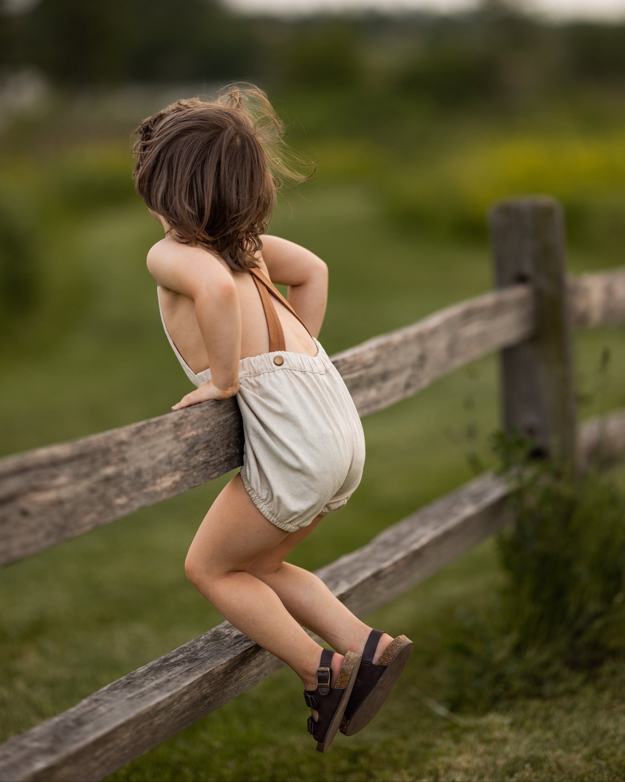Child sitting on a wooden fence in a natural setting