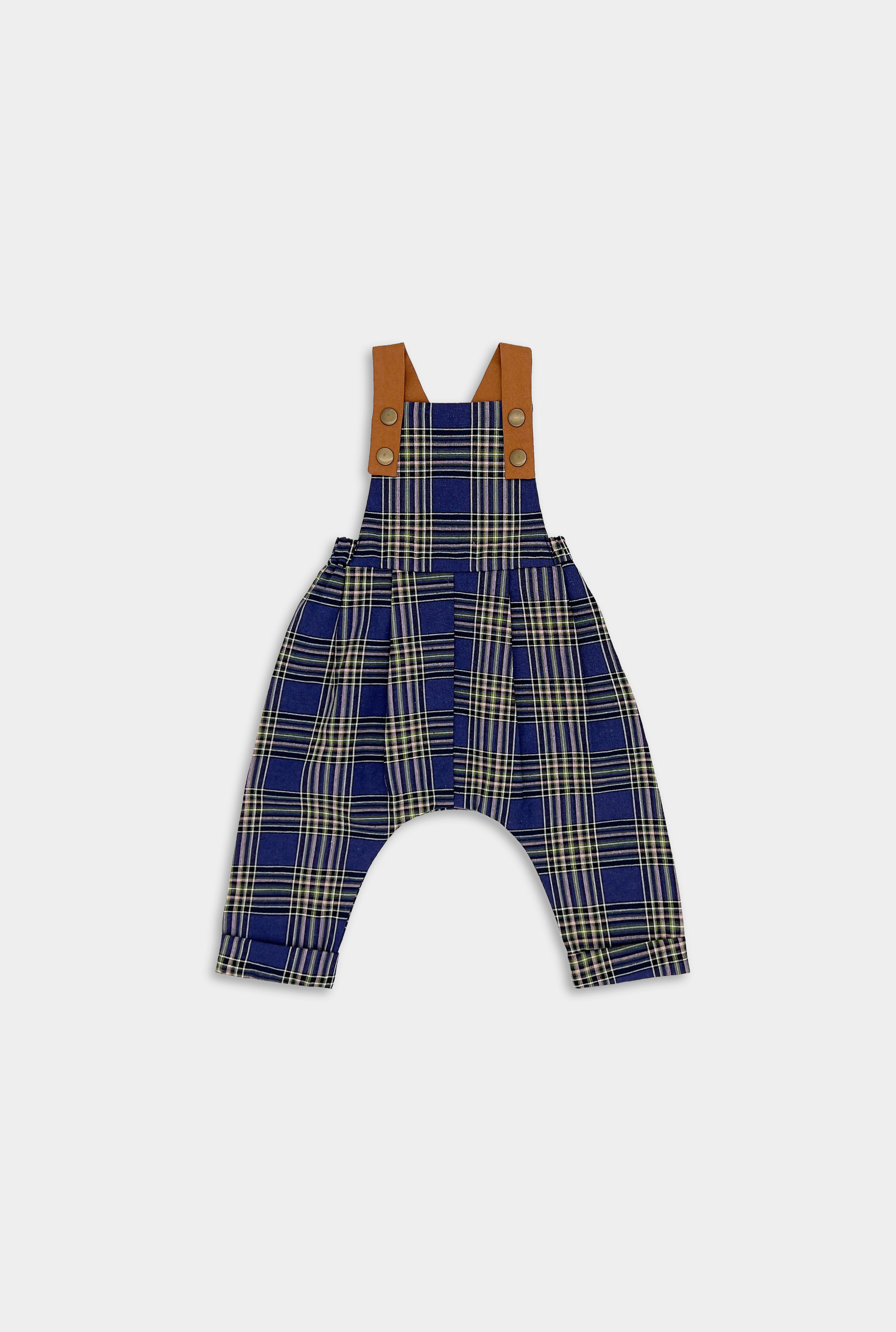 Navy Plaid Linen Long Overalls