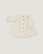 A light beige linen long-sleeve cardigan with a button-up front, pleated details, and ruffled cuffs, shown flat on a neutral light gray background.
