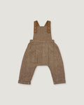 A pair of toddler boy's brown tweed overall-style pants with adjustable shoulder straps and brass-tone snap buttons, shown flat on a light gray background.