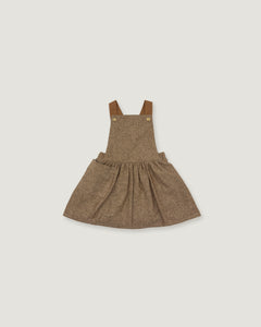 A toddler girl's brown tweed overall dress with adjustable shoulder straps and a gathered skirt, shown flat on a light gray background.