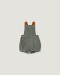 A pair of baby boy's heather gray overall romper shorts with brown shoulder straps, shown flat on a light gray background.