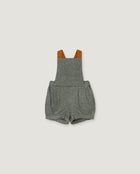 A pair of baby boy's heather gray overall romper shorts with brown shoulder straps, shown flat on a light gray background.
