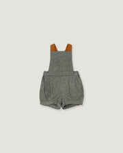 A pair of baby boy's heather gray overall romper shorts with brown shoulder straps, shown flat on a light gray background.