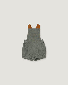A pair of baby boy's heather gray overall romper shorts with brown shoulder straps, shown flat on a light gray background.