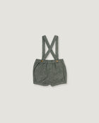 A pair of baby boy's heather gray linen suspender shorts with adjustable straps and small decorative buttons, shown flat on a light gray background.