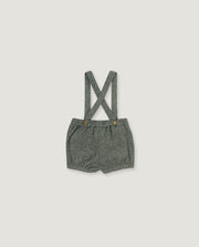 A pair of baby boy's heather gray linen suspender shorts with adjustable straps and small decorative buttons, shown flat on a light gray background.