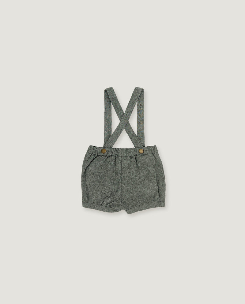 A pair of baby boy's heather gray linen suspender shorts with adjustable straps and small decorative buttons, shown flat on a light gray background.