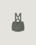 A pair of toddler's gray woven linen suspender shorts with a pleated front and adjustable shoulder straps, shown flat on a light gray background.