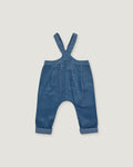 A pair of baby corduroy overalls in a dusty blue color, featuring adjustable shoulder straps and cuffed legs, shown flat on a light gray background.