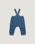 A pair of baby corduroy overalls in a dusty blue color, featuring adjustable shoulder straps and cuffed legs, shown flat on a light gray background.