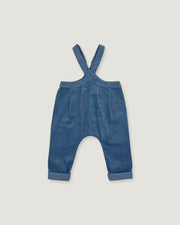 A pair of baby corduroy overalls in a dusty blue color, featuring adjustable shoulder straps and cuffed legs, shown flat on a light gray background.
