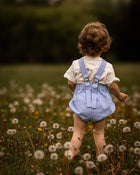 Child in a blue checkered romper standing in a field of dandelions with a blurred natural background