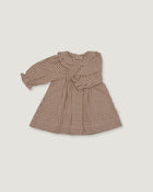 A long-sleeve baby dress with a brown and beige gingham pattern, featuring a ruffled collar and a gathered waist, shown flat on a light gray background.