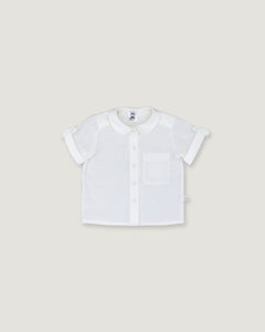 A white short-sleeve baby shirt with a Peter Pan collar, button front, and a chest pocket, shown flat on a light gray background.