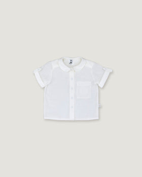 A white short-sleeve baby shirt with a Peter Pan collar, button front, and a chest pocket, shown flat on a light gray background.