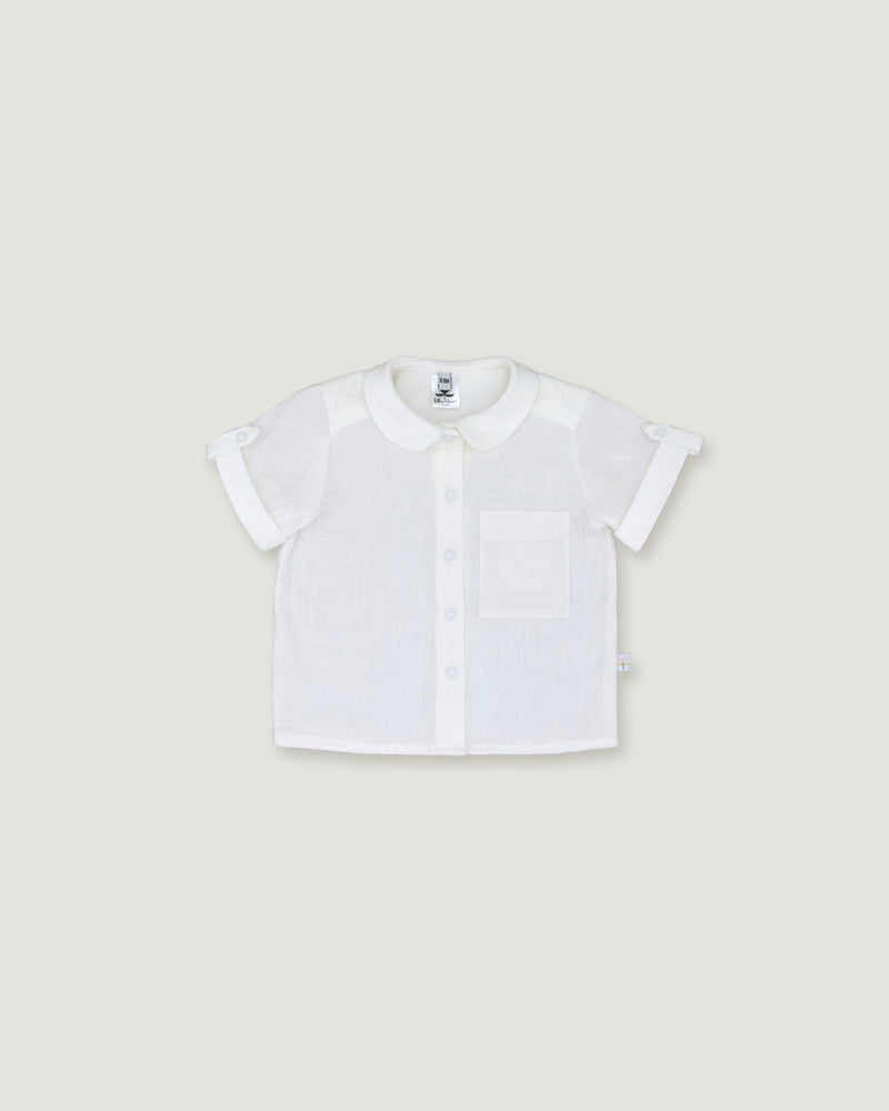 A white short-sleeve baby shirt with a Peter Pan collar, button front, and a chest pocket, shown flat on a light gray background.