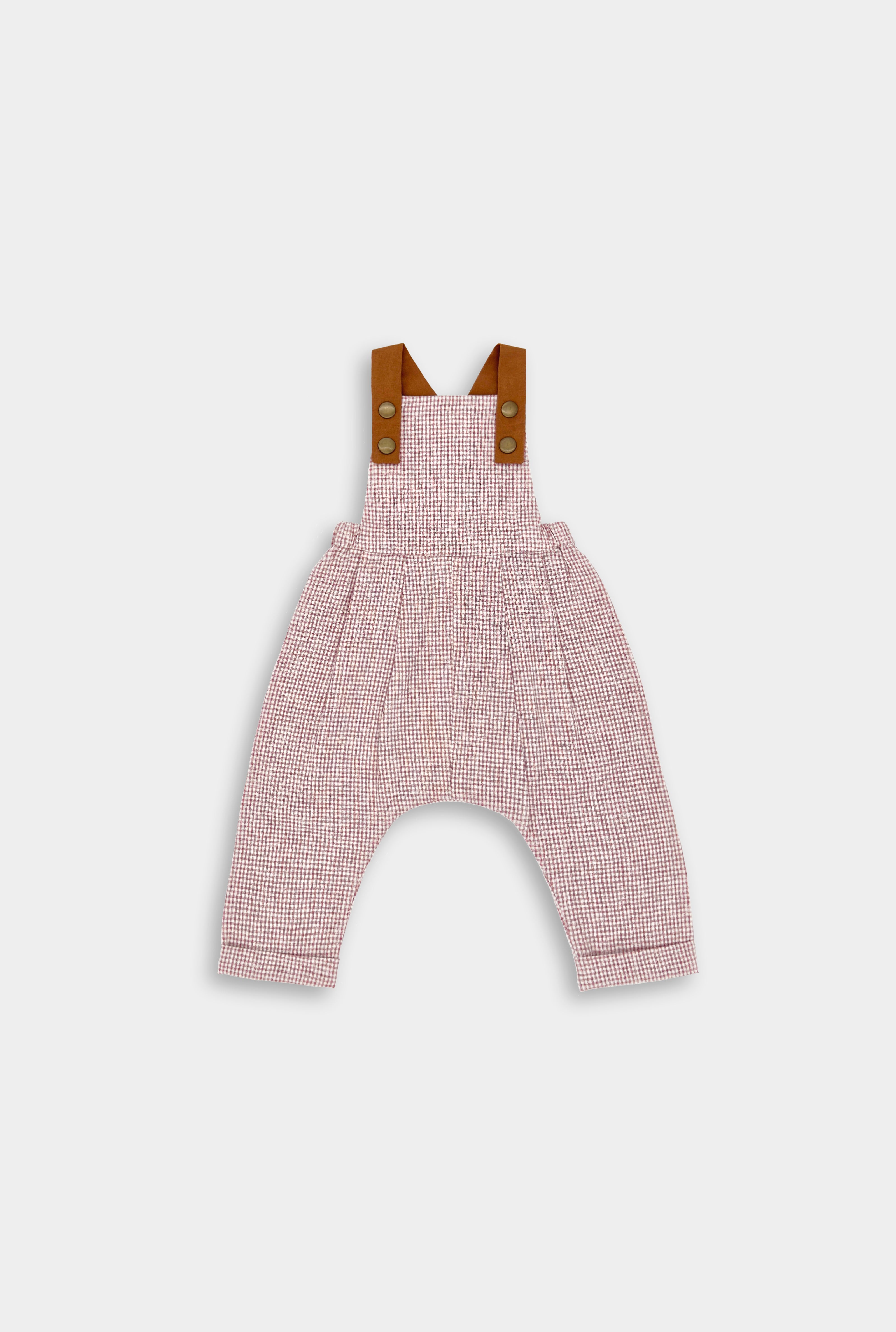 Rust Gingham Linen Long Overalls