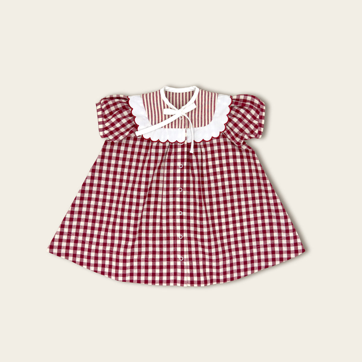 Deep Red Gingham Tent Dress with Scalloped Yoke