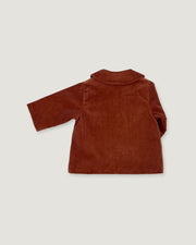 A brown corduroy jacket shown from the back, featuring a collar and long sleeves, photographed against a solid light gray background.