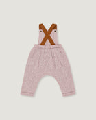 A baby romper with pink and white micro-check patterned pants, brown suspenders, and an elastic waistband, shown flat on a light gray background.