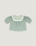 A green and white gingham short-sleeve top with a ruffled white collar, displayed flat against a light gray background.
