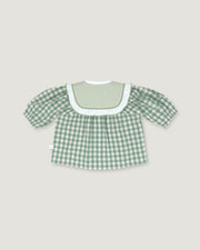A green and white gingham short-sleeve top with a ruffled white collar, displayed flat against a light gray background.